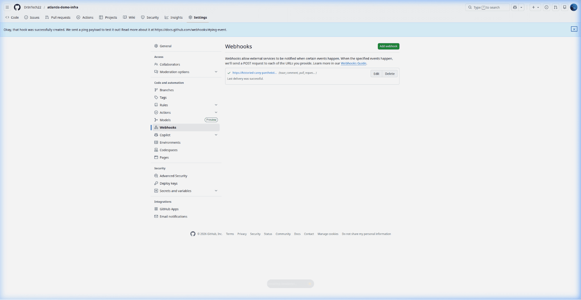 GitHub webhook settings page