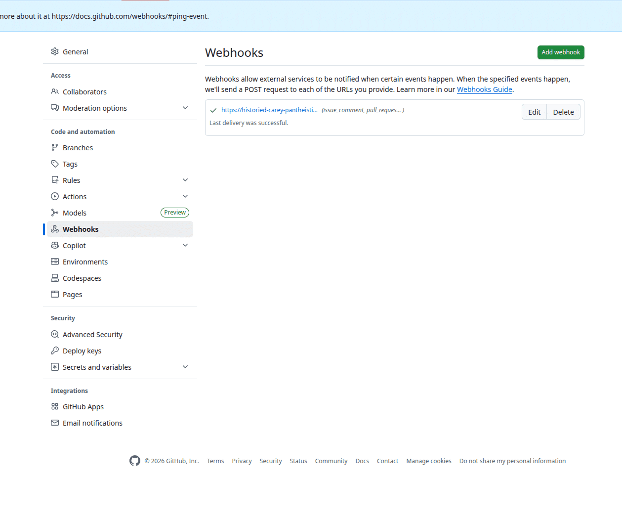 Webhook delivery log