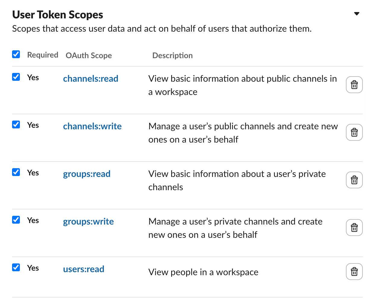 a list of user token scopes we picked for our project