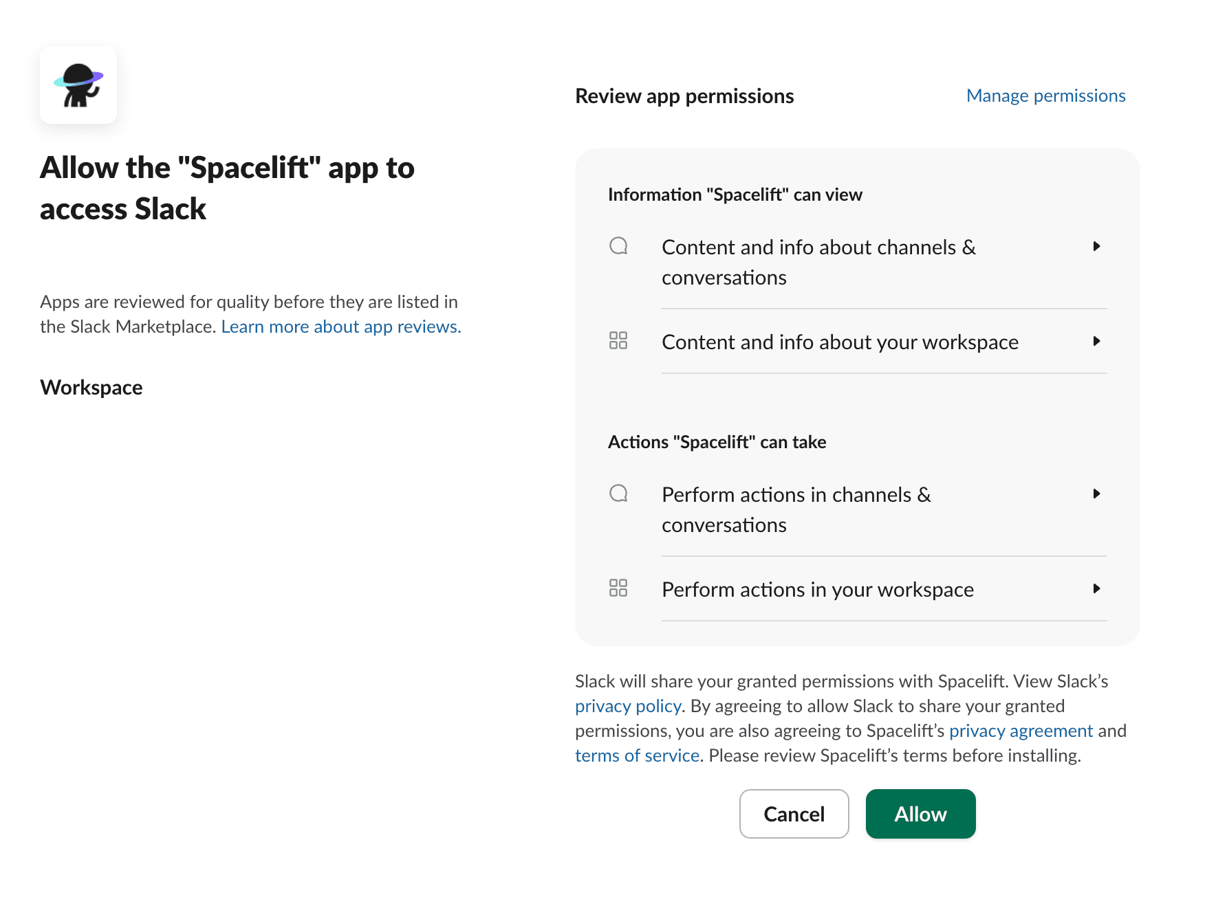 view showing where to allow spacelift app to access slack