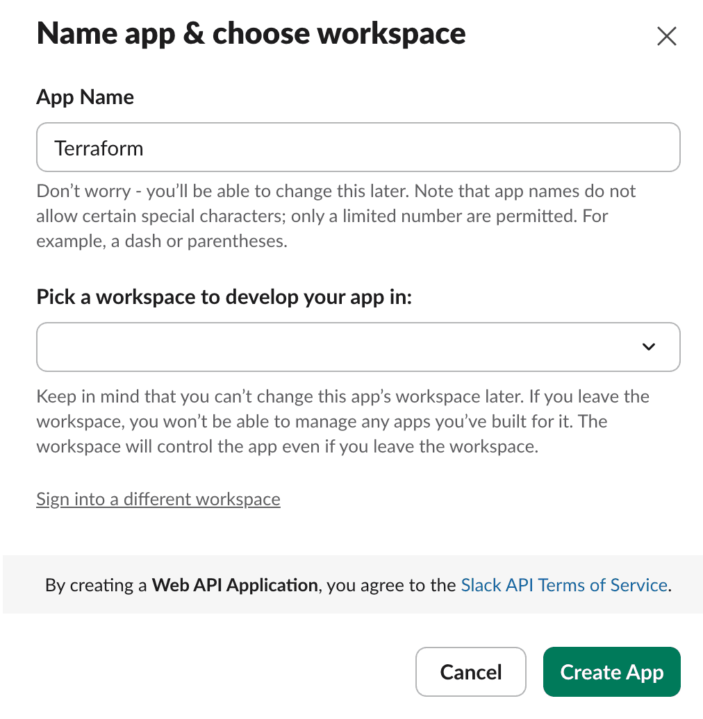 Add a name to your App, pick the workspace, and select the “Create App” option