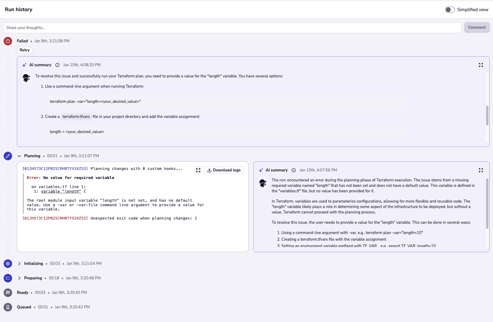 screenshot showing ai summary of the run made by saturnhead assist