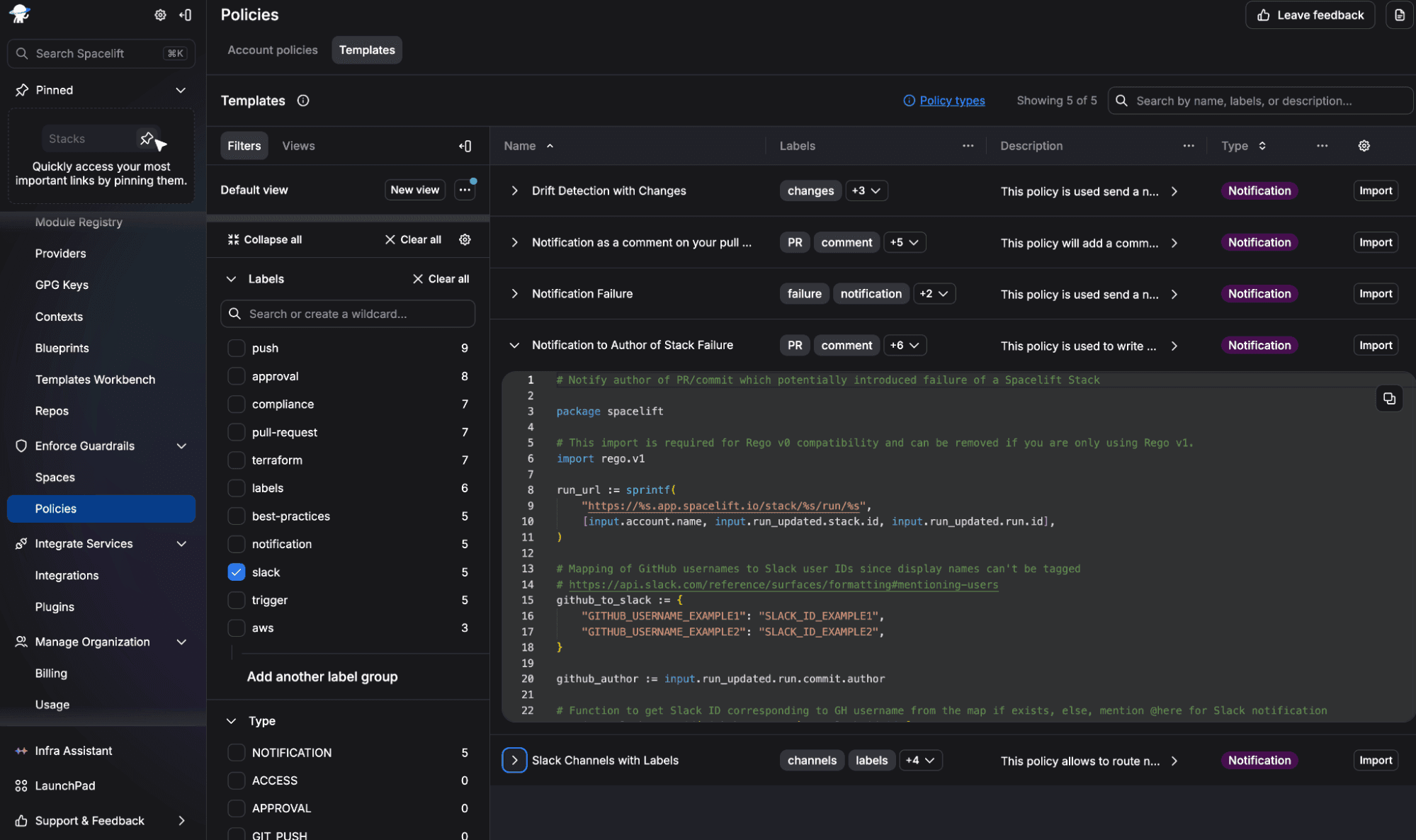 policies in the spacelift policy library filtered by the Slack label