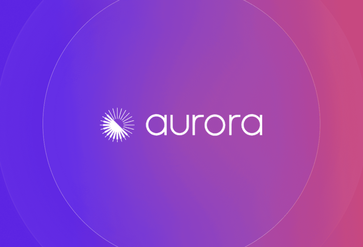 aurora solar logo in white on a purple and pink background