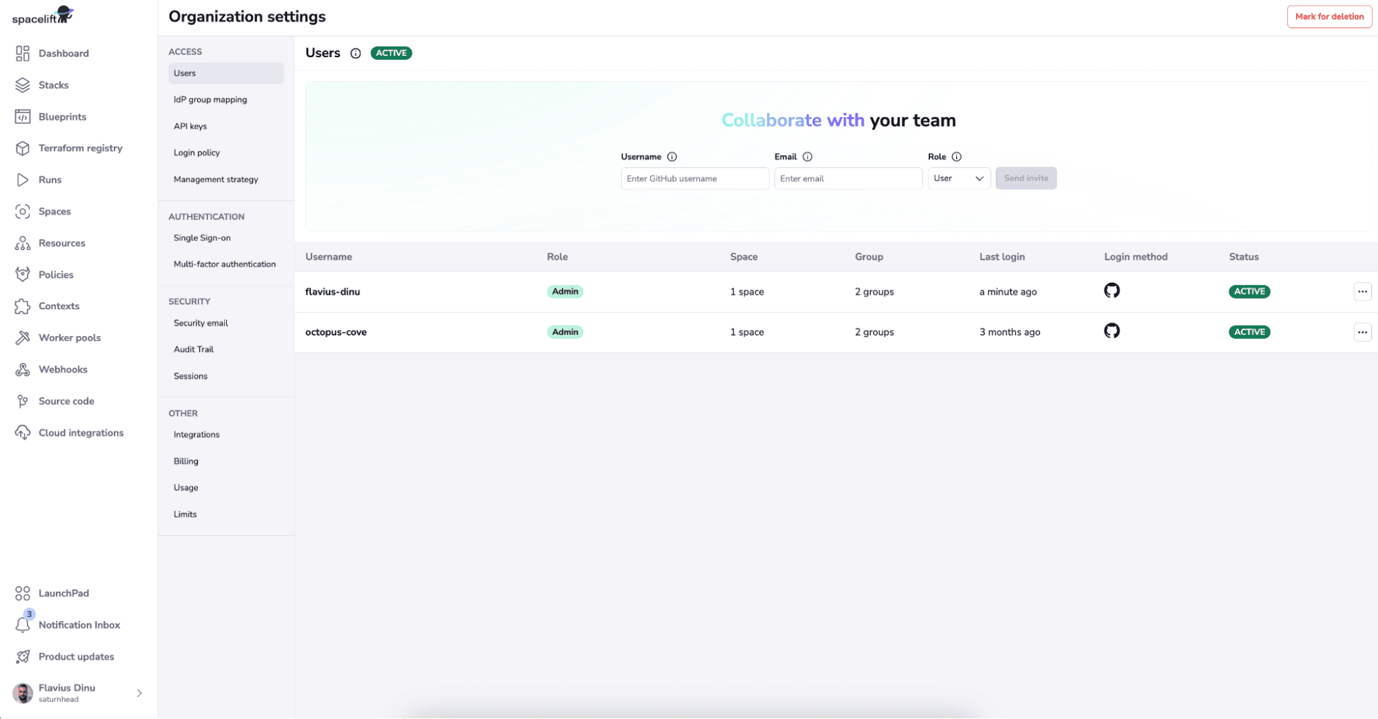 Spacelift organization settings