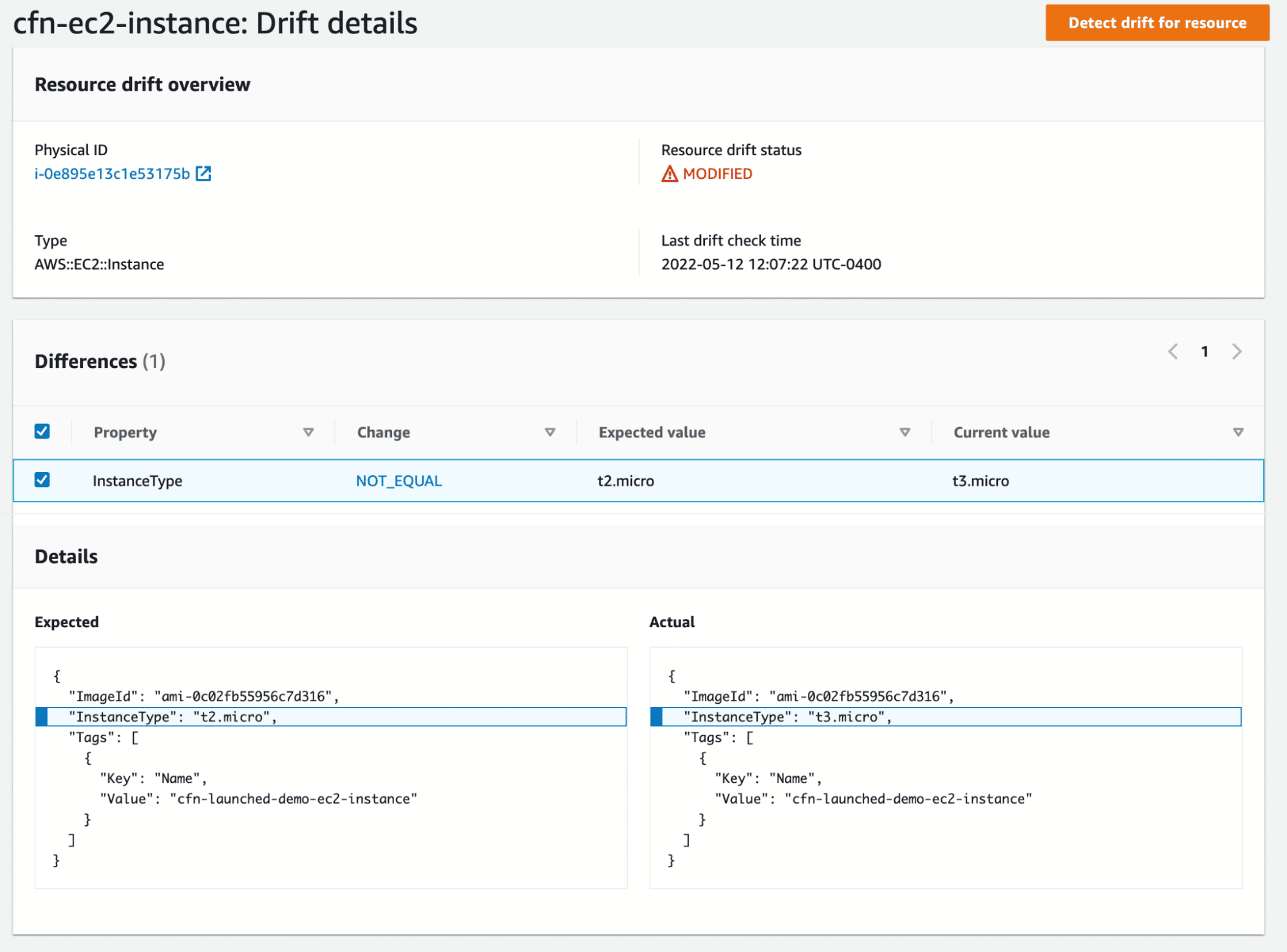 AWS Console Drift details