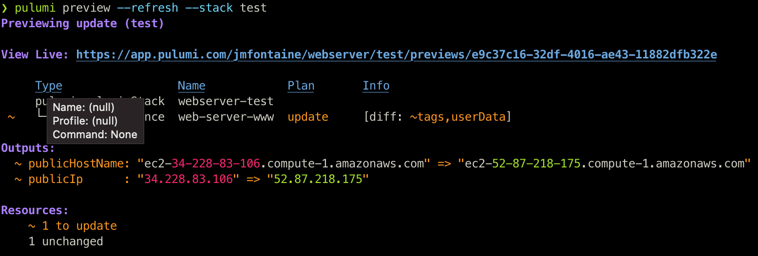 pulumi preview --refresh --stack