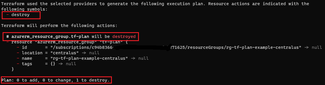 terraform plan destroy output