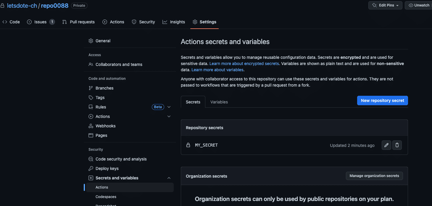 github actions secret