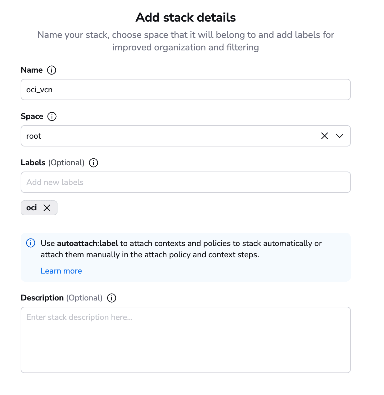 oci add stack details