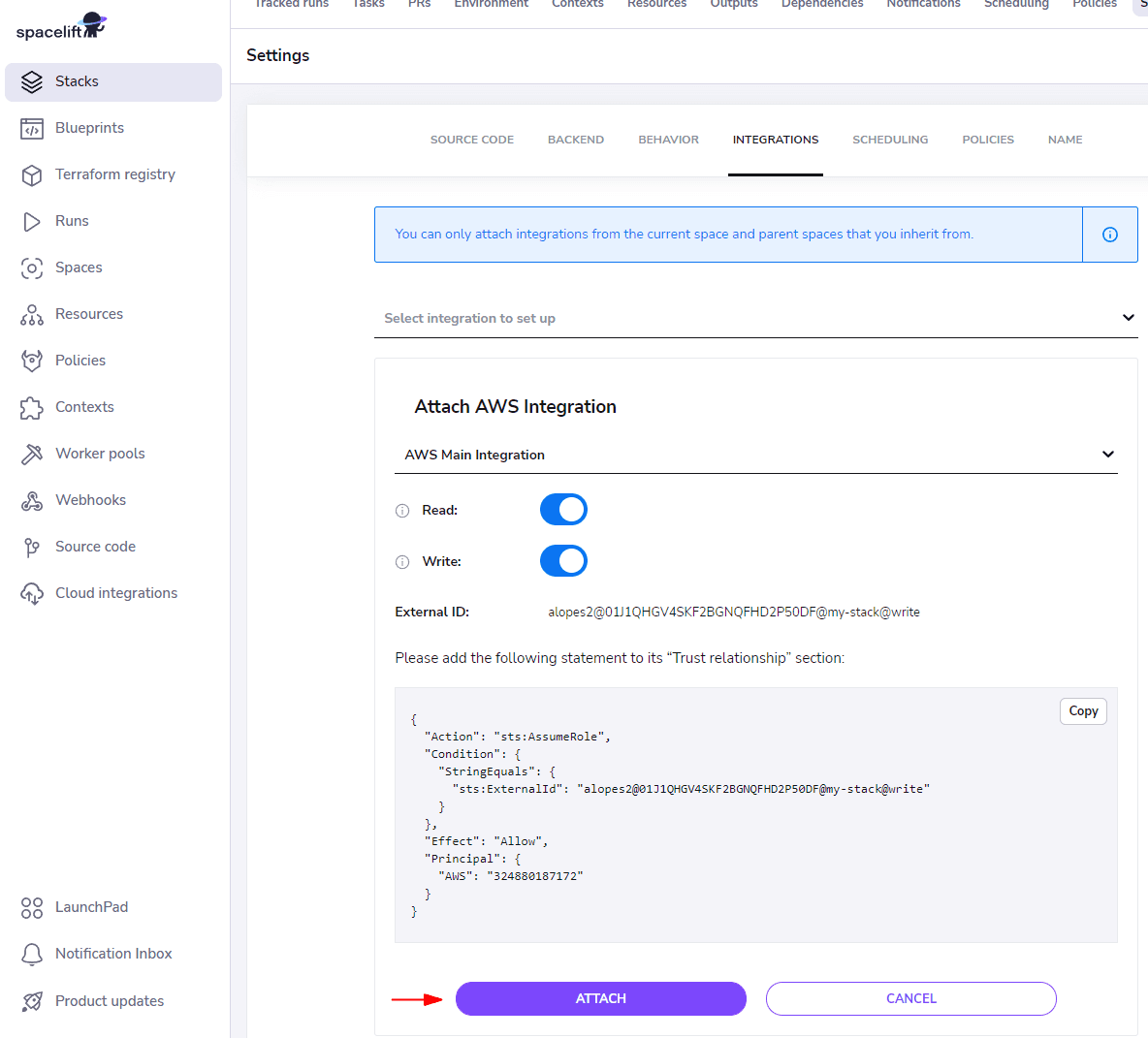 aws integration settings