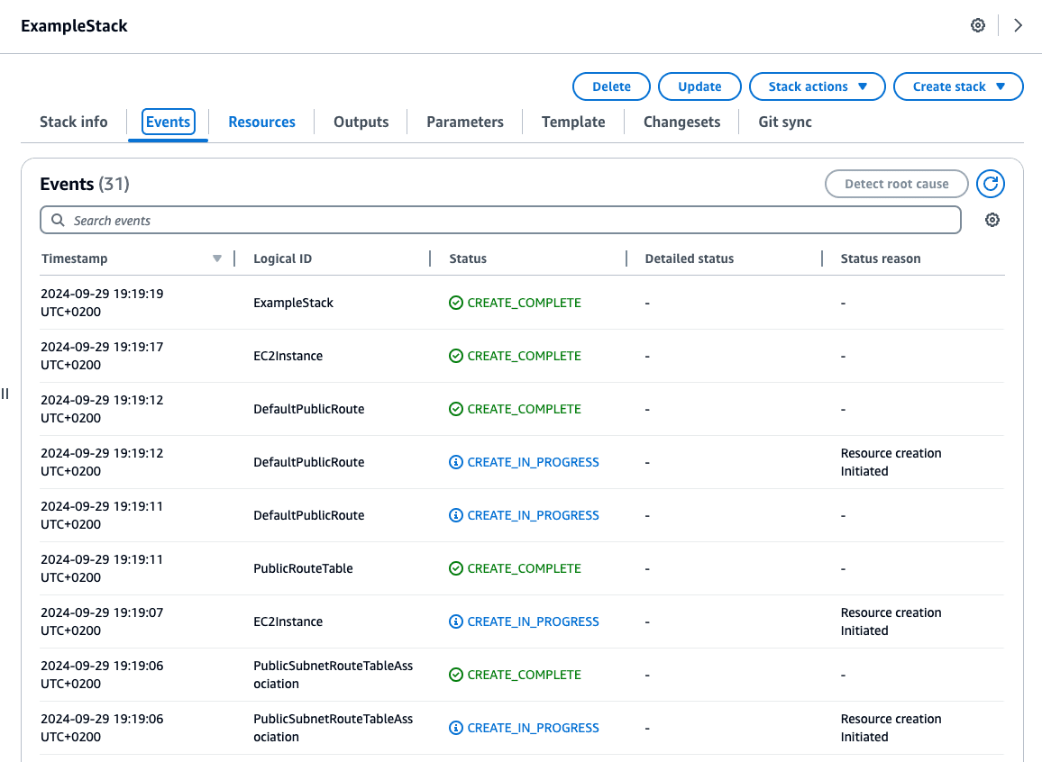 aws cloudformation stack events