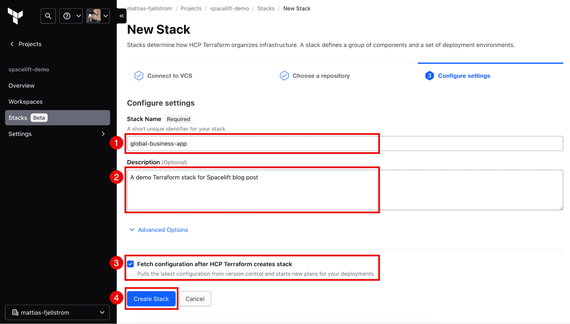 8 Configure the new stack