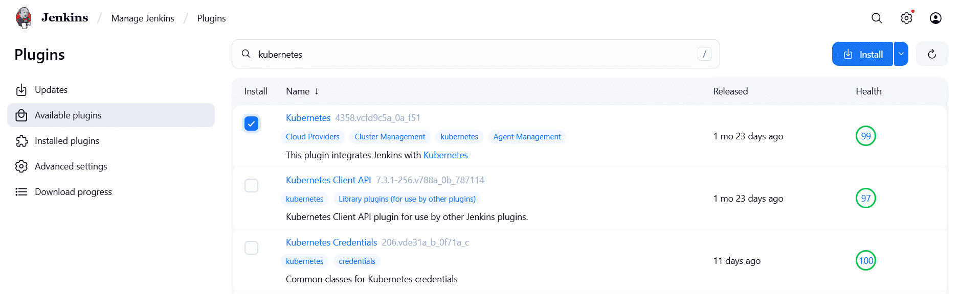 install the kubernetes plugin