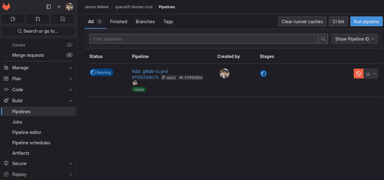 a screenshot form gitlab ci cd application showing an example of pipeline configuration