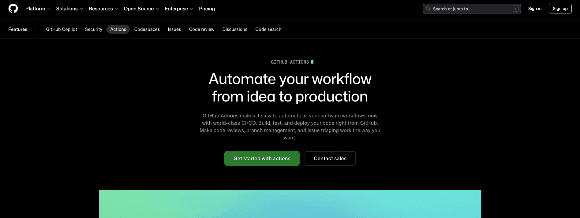 screenshot showing github actions homepage