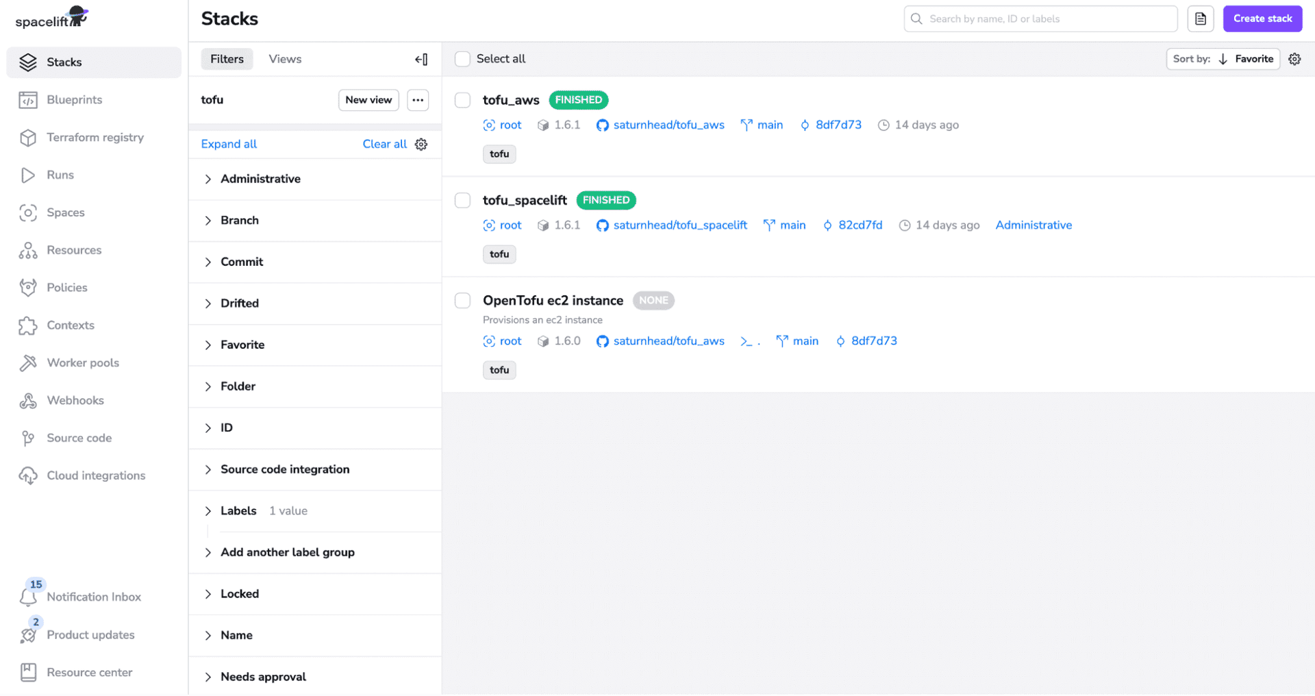 a screenshot from spacelift application ui showing an example of stacks