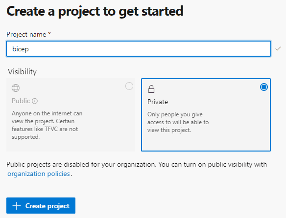 azure devops create first project
