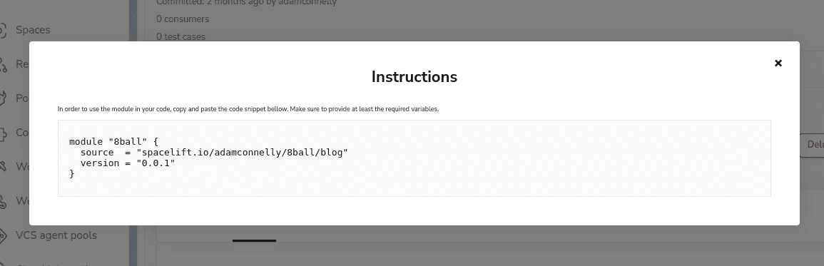 spacelift module registry Show Instructions button