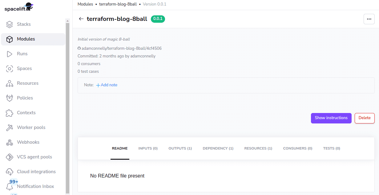 spacelift module registry - Trigger button