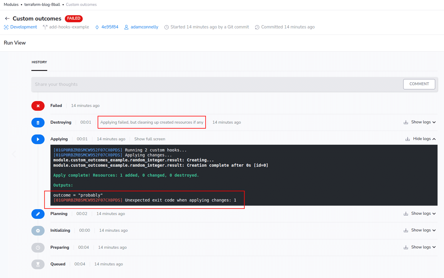 spacelift module registry custom outcomes