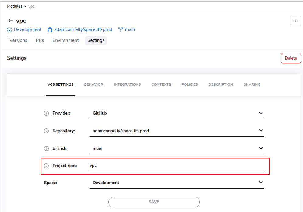 spacelift module registry vpc module settings