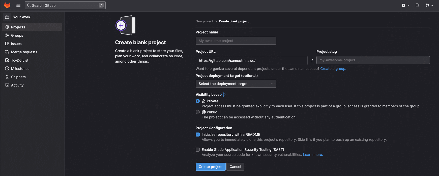 Create a Gitlab Project Repository create project