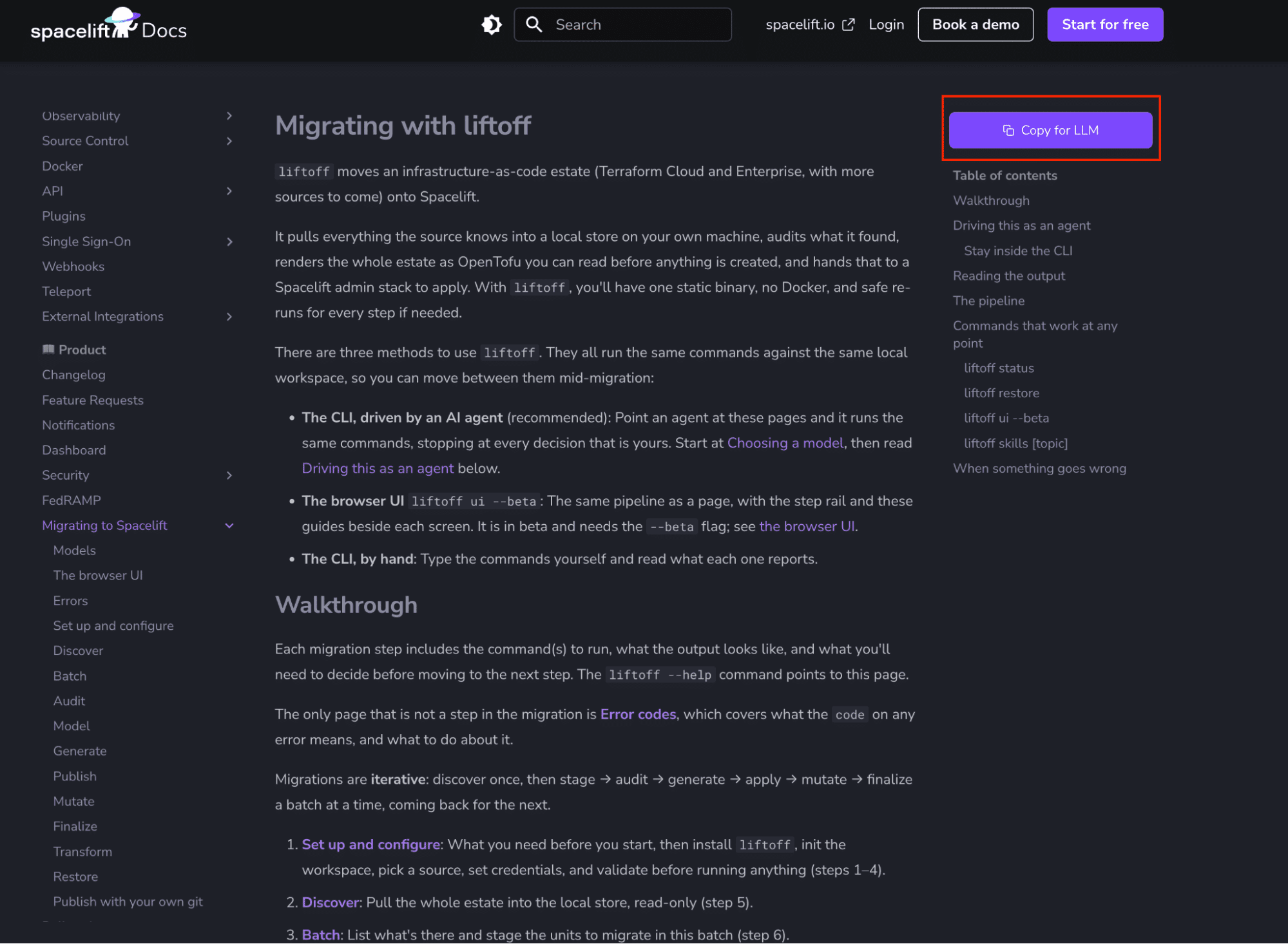 screenshot showing the liftoff docs