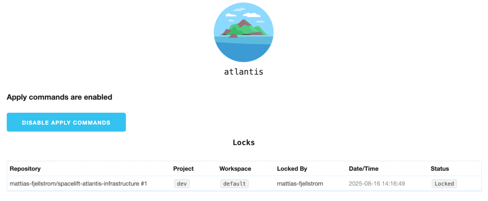 screenshot showing Atlantis web UI showing that Atlantis has created a lock for the given project