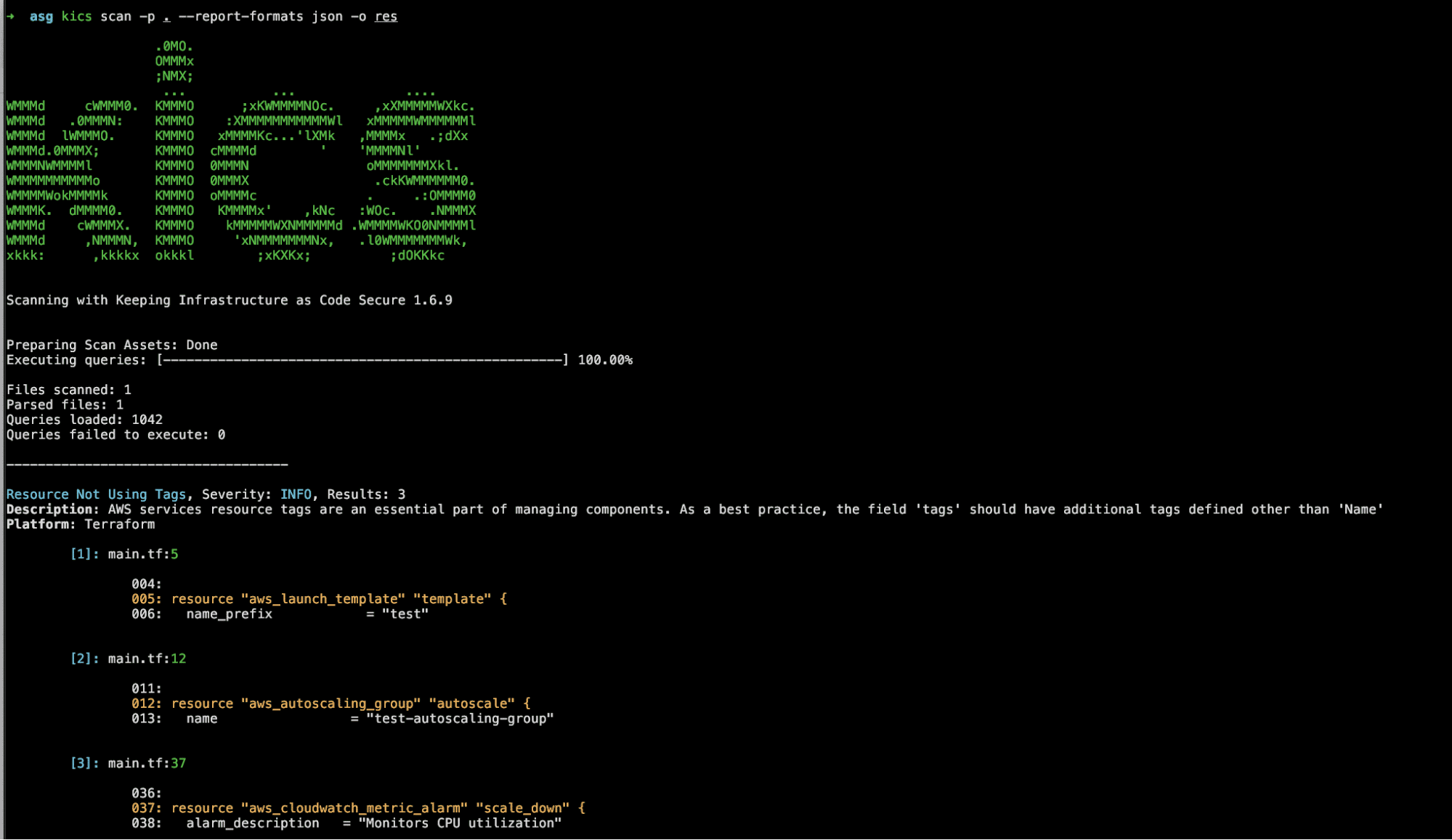 screenshot showing the console example of kics run