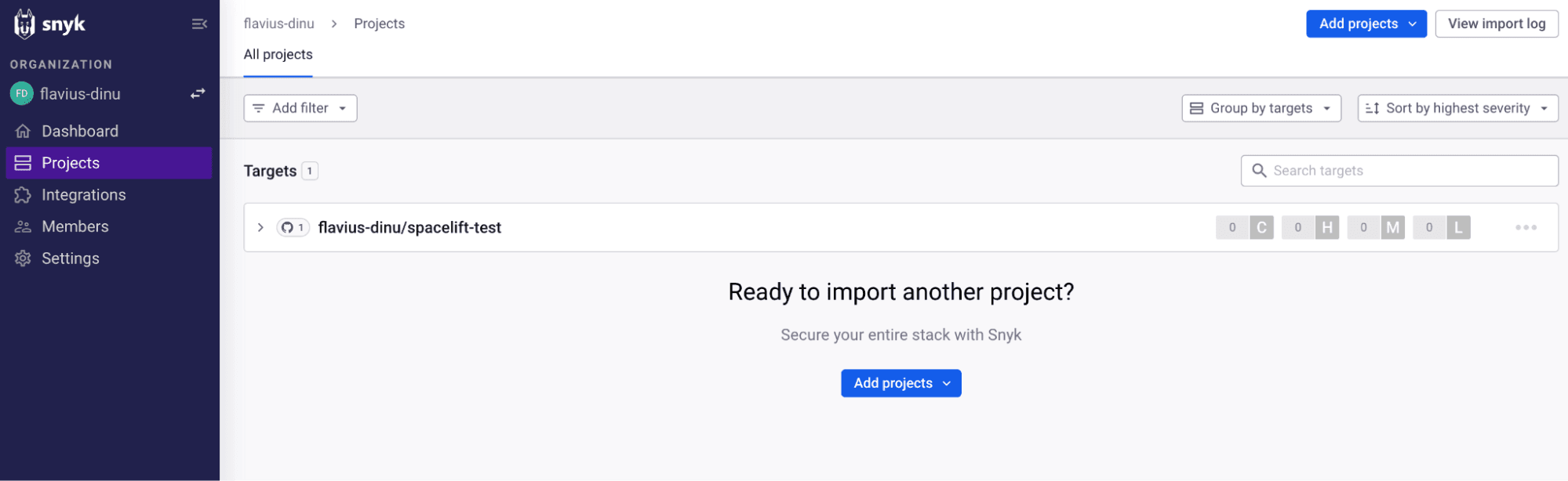 screenshot showing projects view in the snyk app ui
