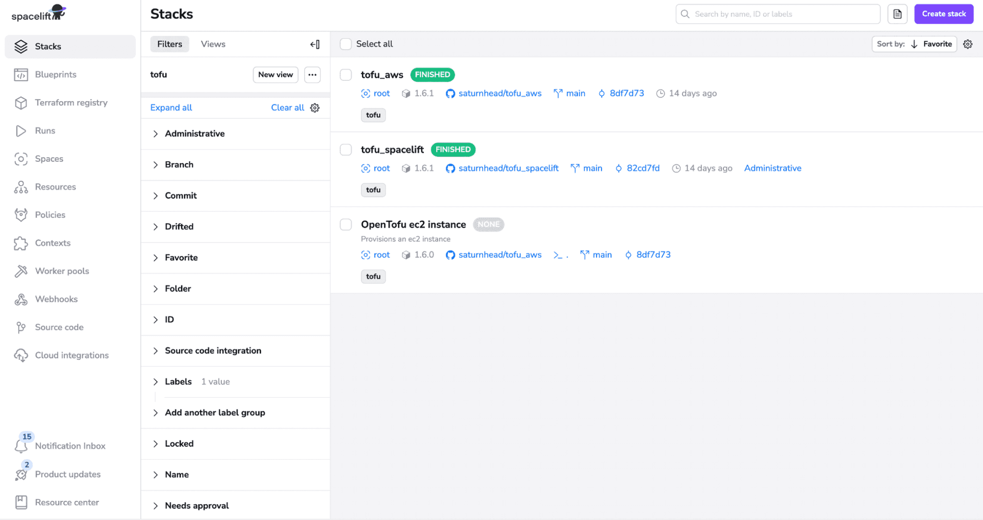 screenshot from the Spacelift app showing the stacks view with example stacks