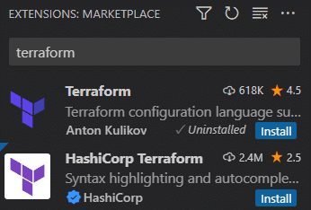 screenshot showing terraform in the vs code extensions marketplace