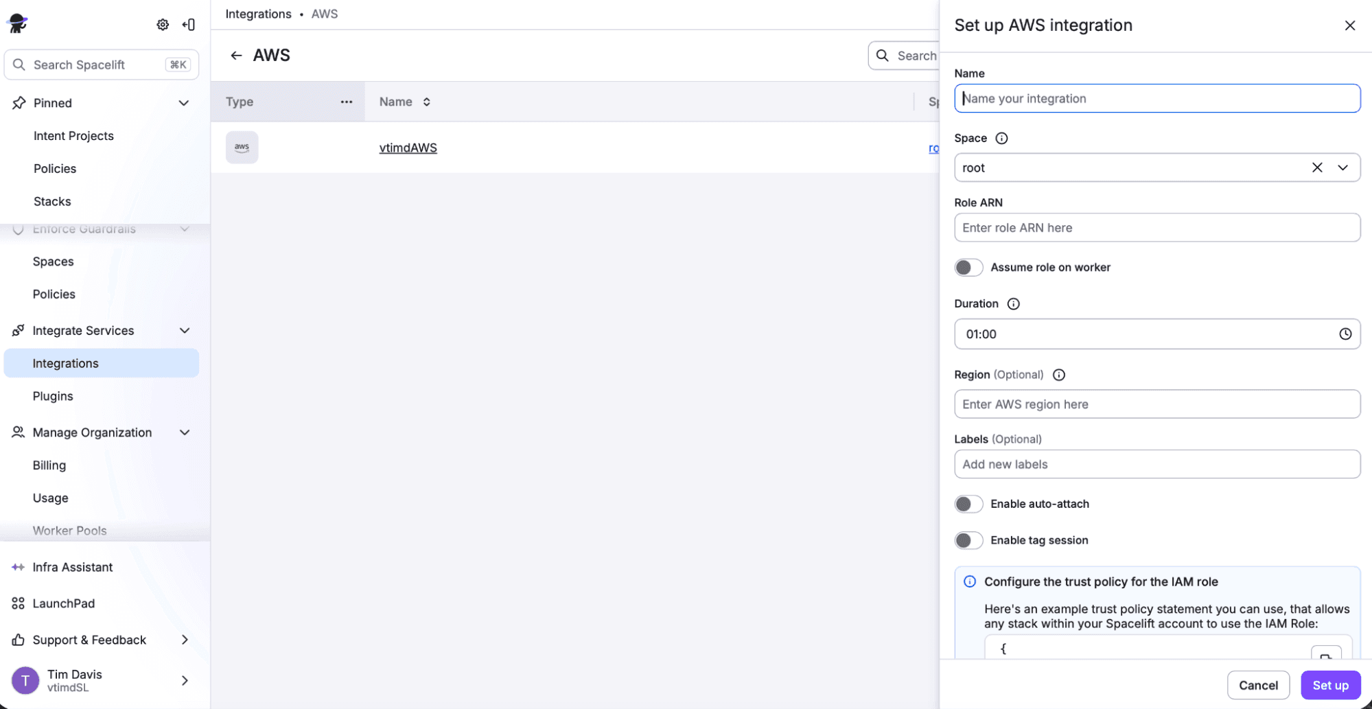 what makes spacelift secure aws integration set up