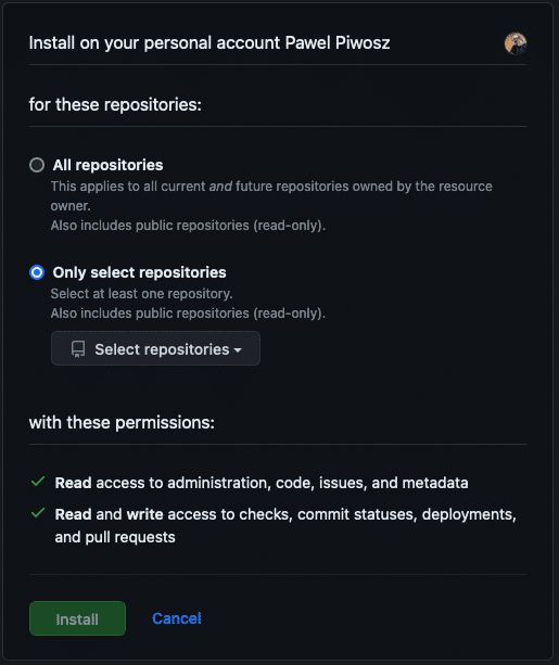 Install the app and select repositories