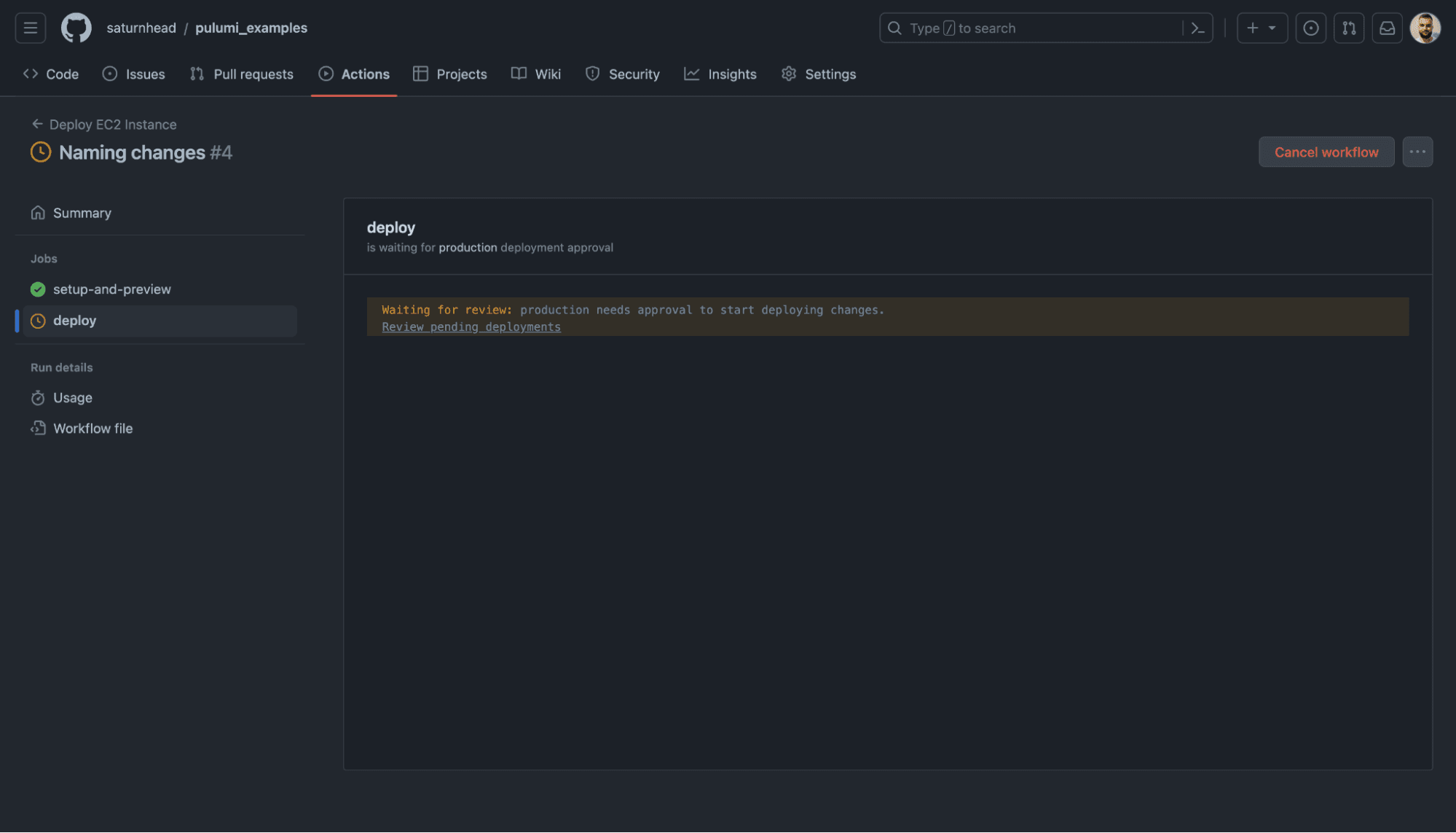 deploy github actions and pulumi