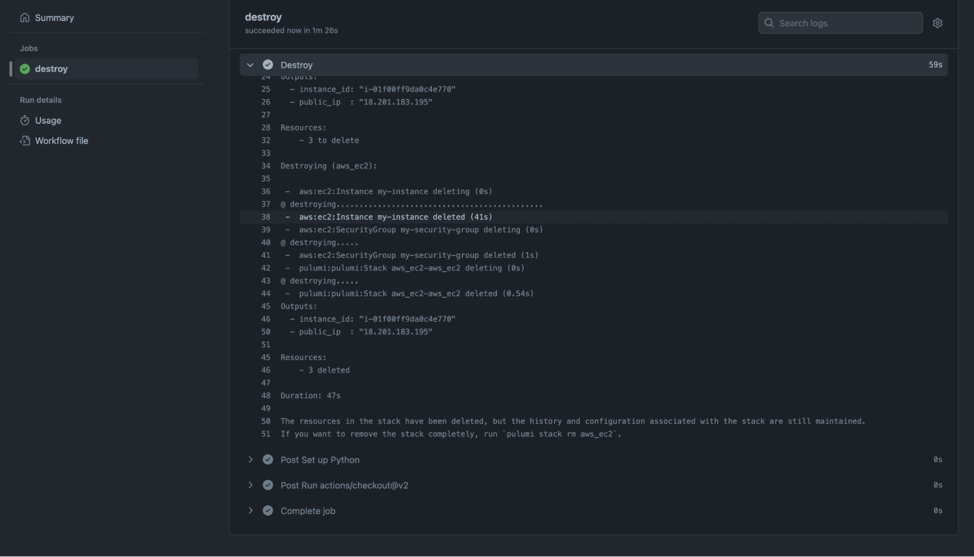 destroy resources pulumi github actions