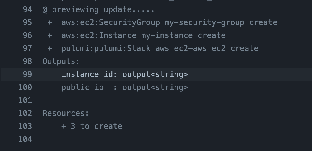 pulumi github actions plan output