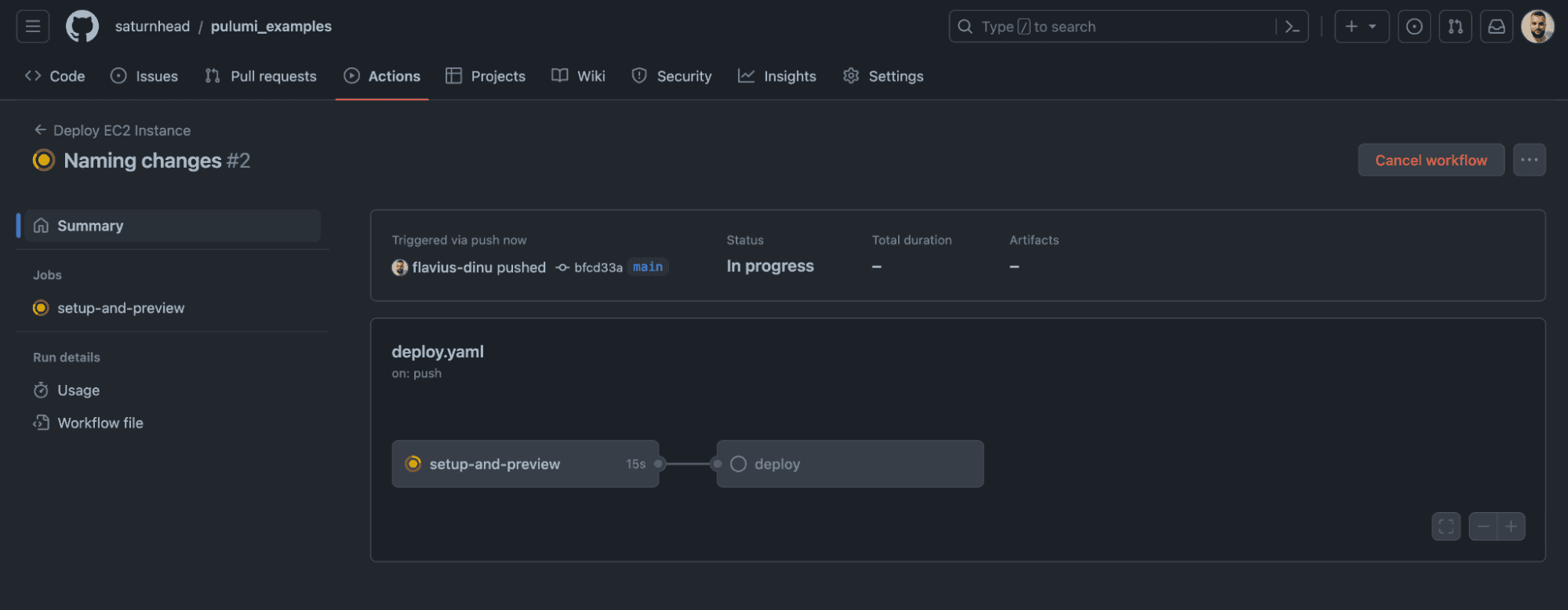 pulumi github actions run the pipeline