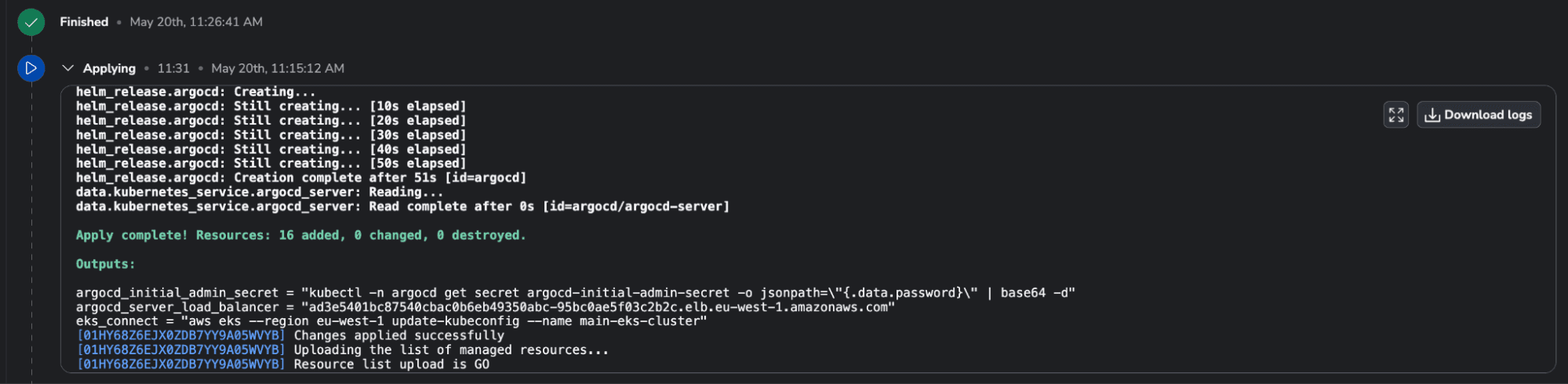 Terraform stack finished running