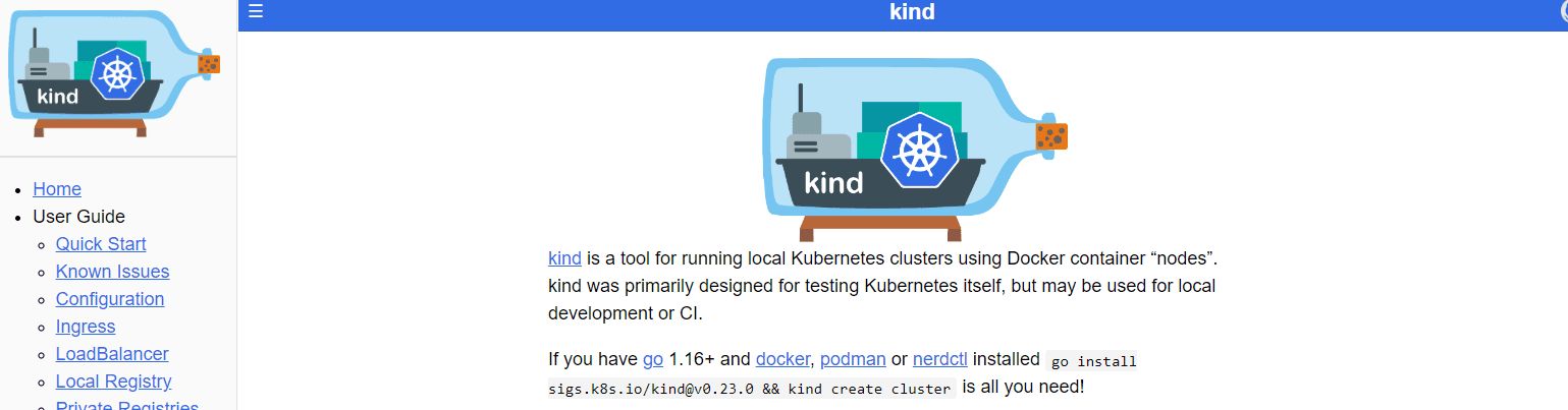 A screenshot showing kind documentation
