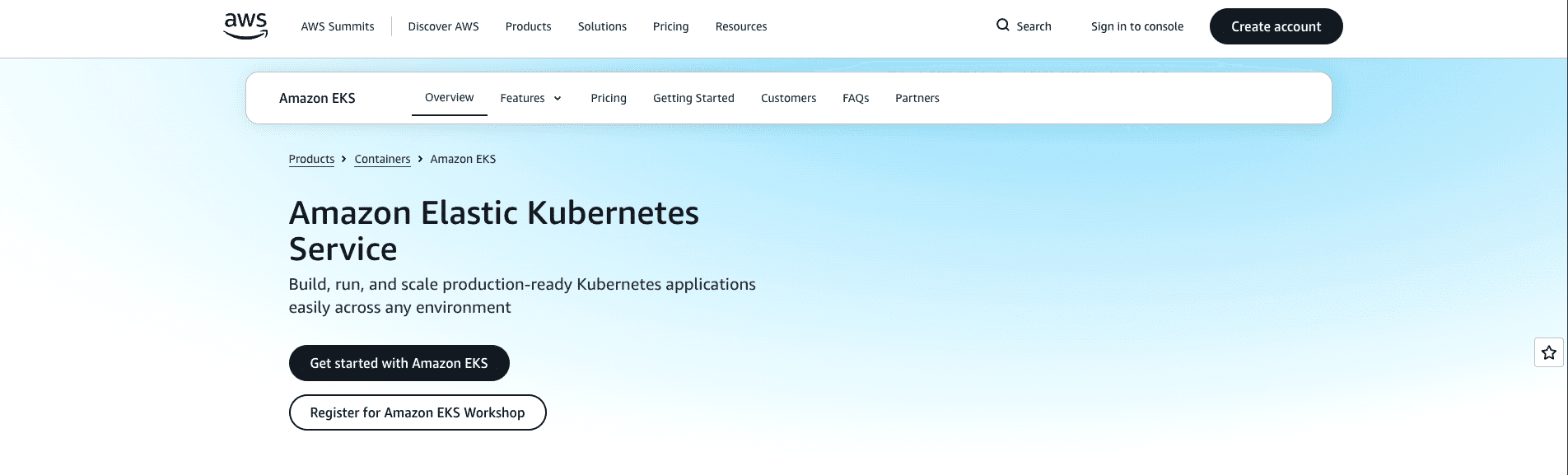 A screenshot showing AWS EKS page on Amazon website