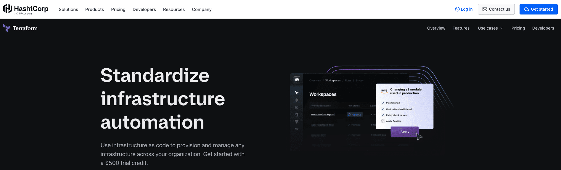 A screenshot showing Terraform page on the Hashicorp website