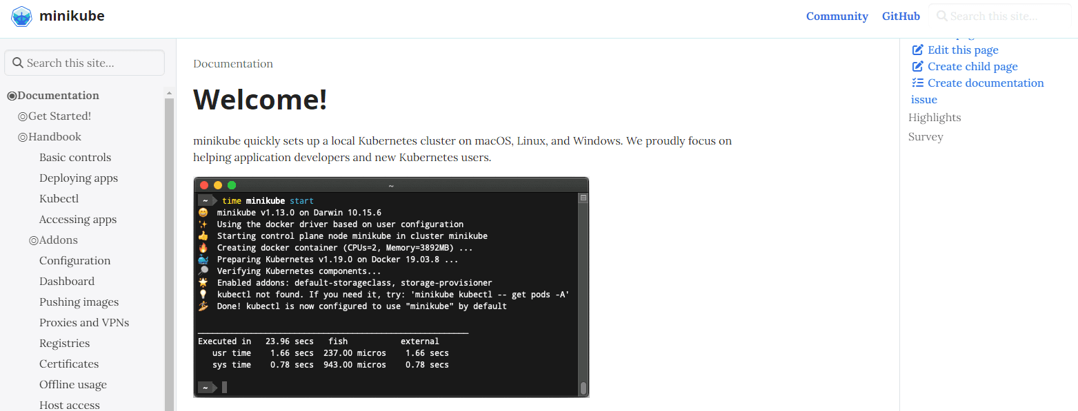a screenshot showing Minikube documentation page