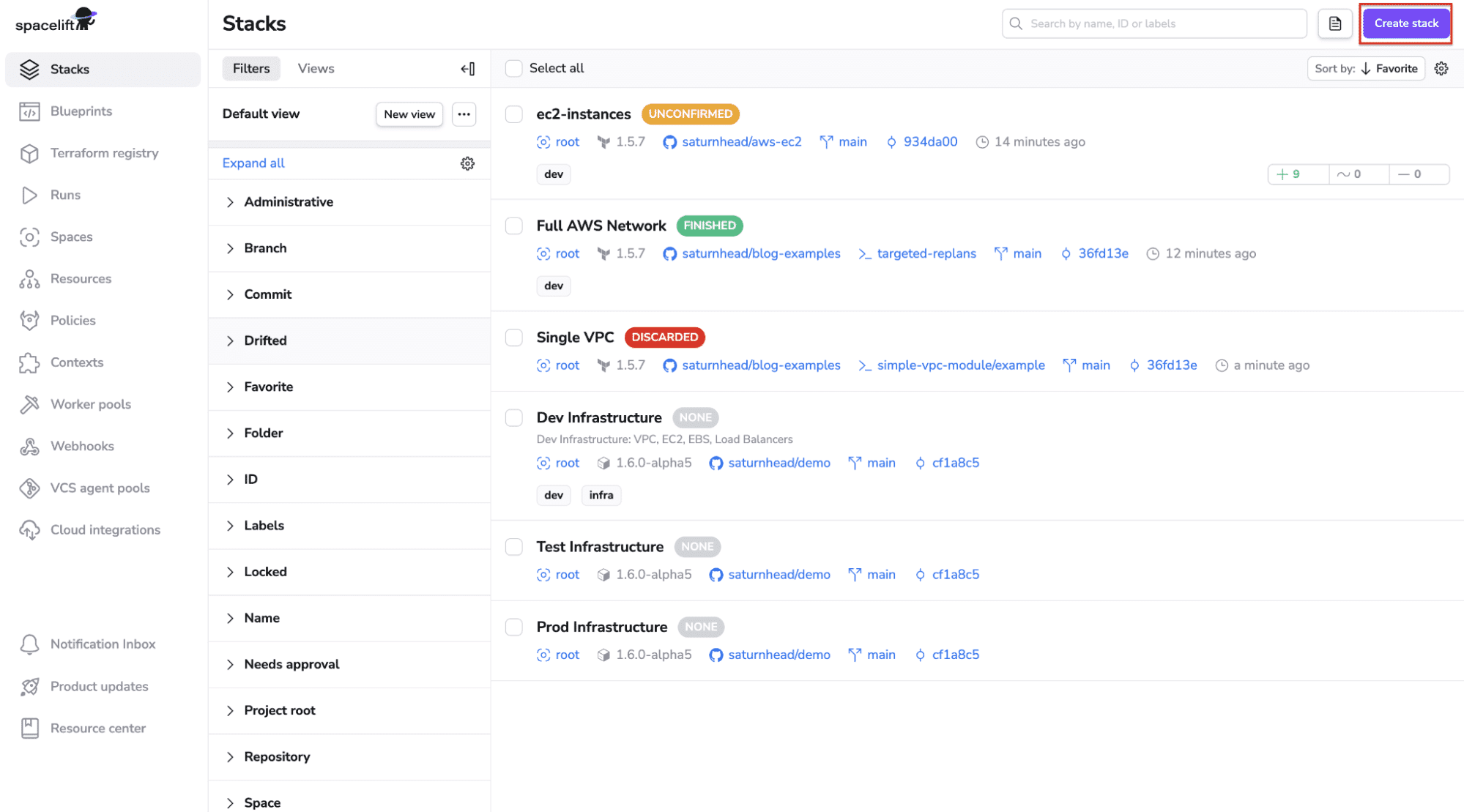 spacelift stacks terraform on aws