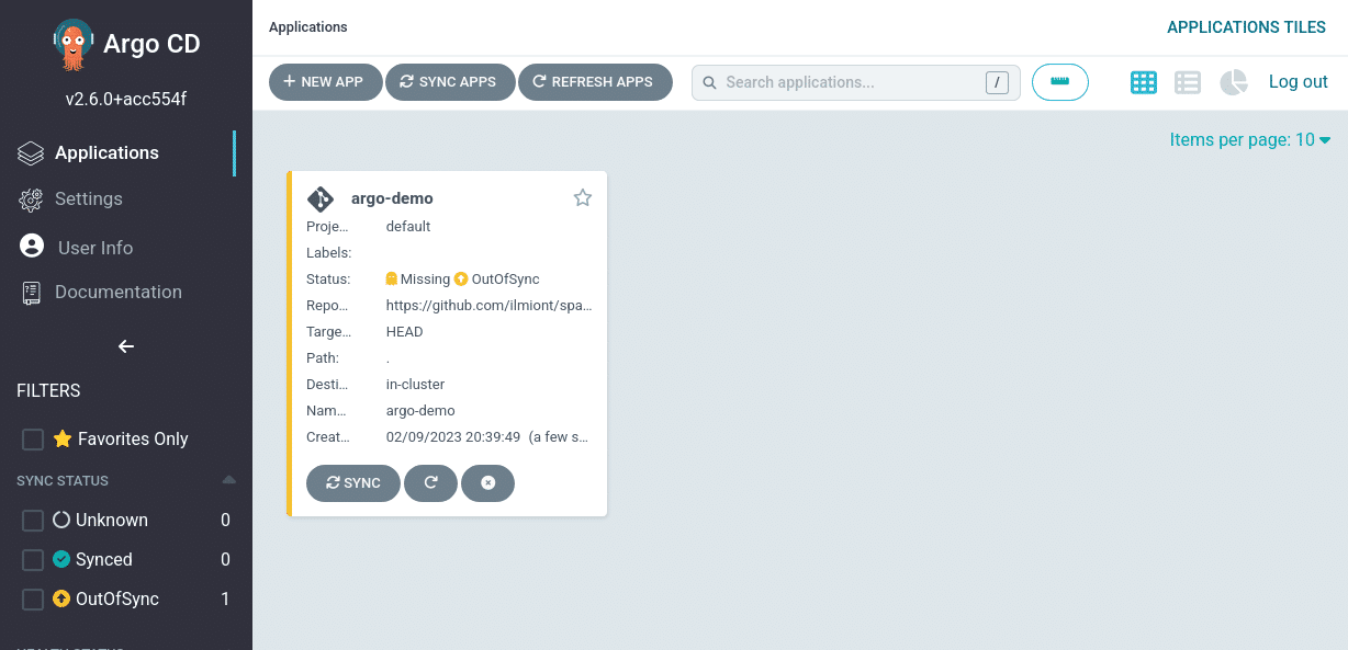 Screenshot of ArgoCD application web UI