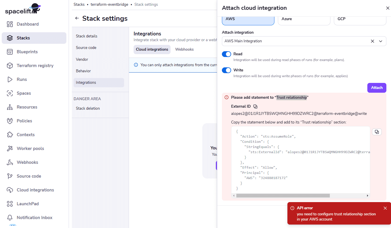 eventbridge with terraform API error