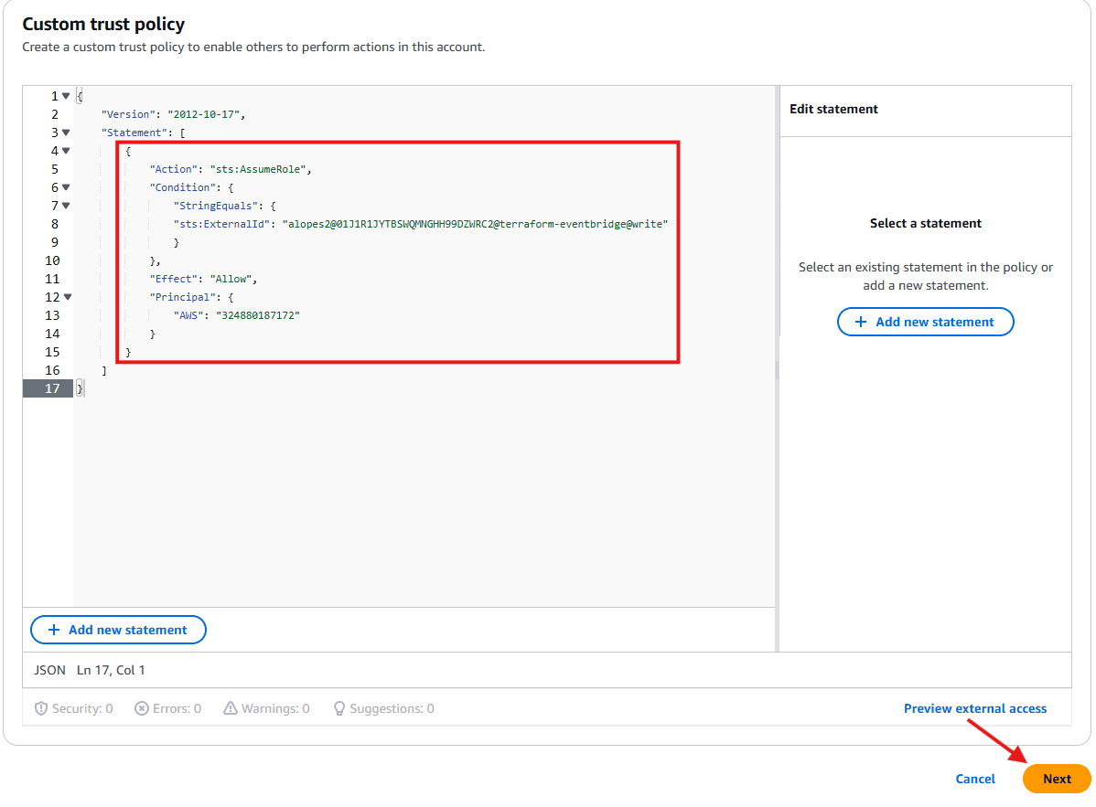 eventbridge with terraform add custom trust policy