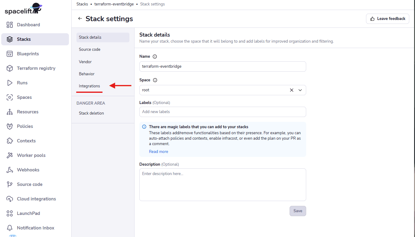eventbridge with terraform stack settings