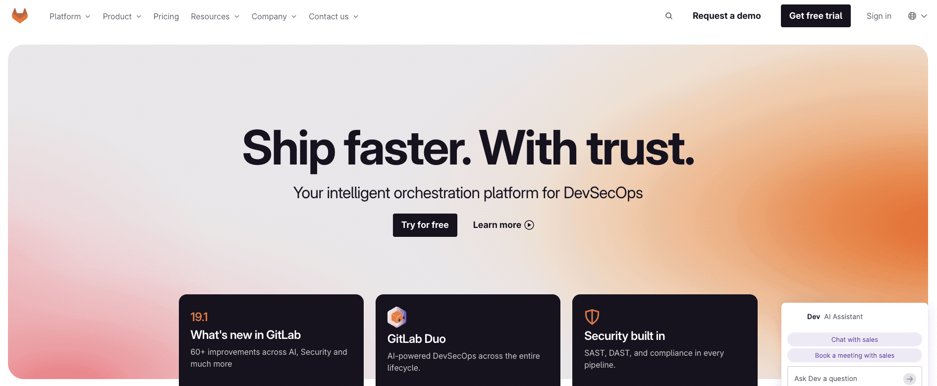 screenshot from the gitlab homepage